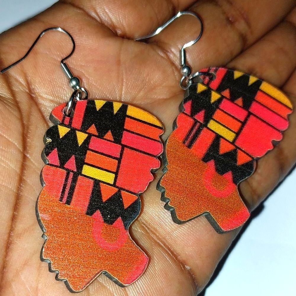 Ladies African Wooden Festive Dangle Earrings - Picture 3 of 7